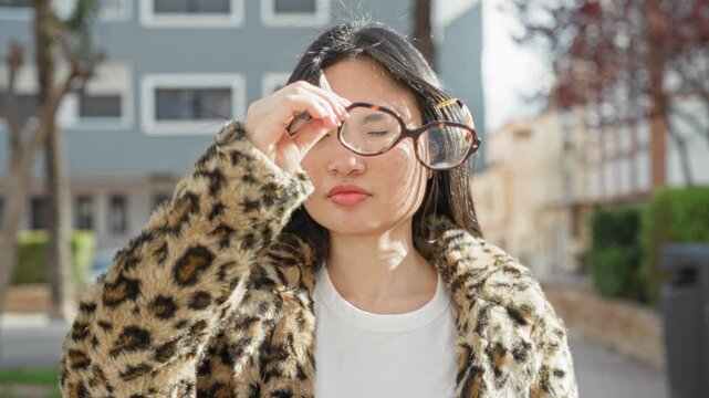 Woman lifts round glasses to her face, bare face and hand visible, wearing a leopard coat on a sunny street by a residential building; confidence sunlight.