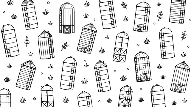 Repeating pattern of grain silos and small plants.