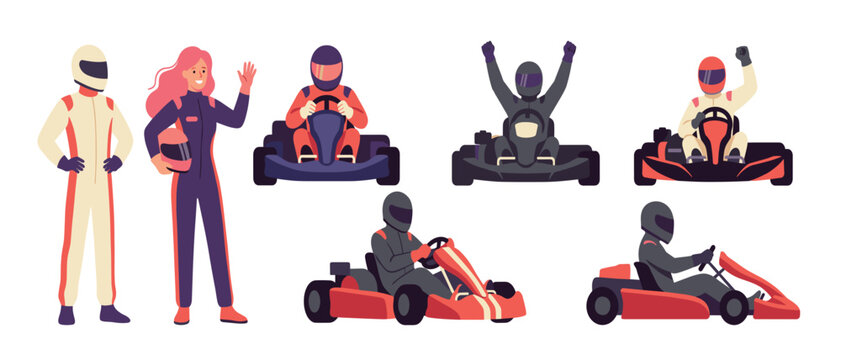Go kart racing vector set. Cartoon drivers steering karts, celebrating victory, wearing helmets and racing suits, isolated transparent background elements.