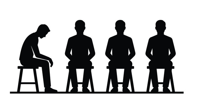 Minimalist vector illustration showing one sad person sitting among three others on simple wooden stools