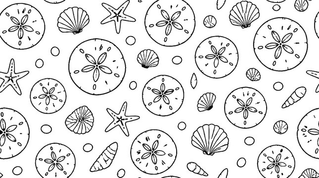 Detailed black and white seashell and starfish pattern design.