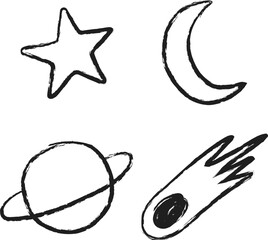 Star, moon, planet, meteorite scribble scrapbook. © Art by Zidni