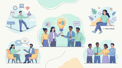 Naklejka premium Workplace wellness and mental health support concept with diverse employees engaging in stress management activities