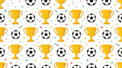 Obraz premium Patterned Soccer Trophies and Balls Iconic Repeating Motif Across Yellow Background.