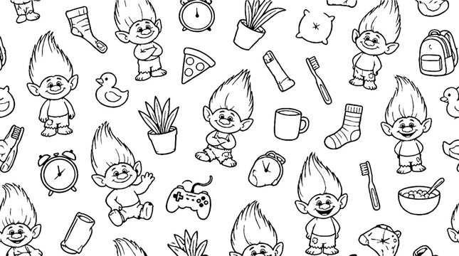 Whimsical Troll Dolls and Everyday Objects Pattern.