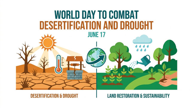 Visual comparison of desertification and drought contrasted with land restoration and sustainability, showcasing environmental challenges and solutions for World Day to Combat