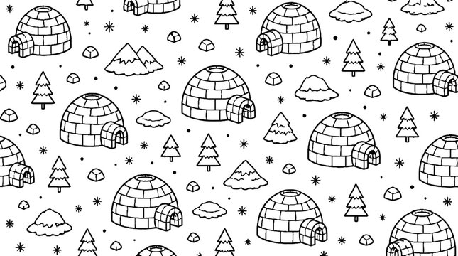 Whimsical igloo and mountain pattern illustration.