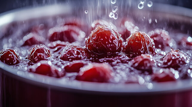 Close up of a pot bubbling with date jam rich in color and texture as sugar crystals fall into the simmering mixture capturing the essence of homemade cooking and sweet dessert preparation