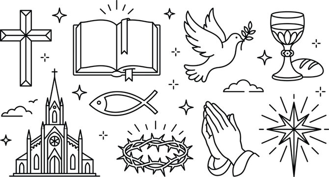 Christian religious line art vector icon set featuring holy bible cross dove church ichthys fish praying hands chalice