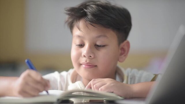 Focused Asian schoolboy writing notes in workbook during digital online education course. Concentrated preteen pupil engaging with modern distance learning class