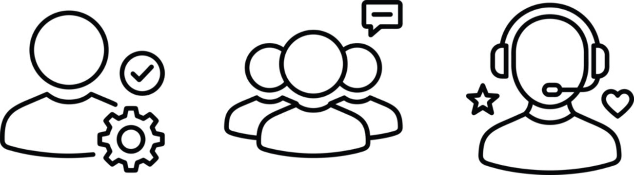 Customer service support line icon set featuring user account gear team group chat bubble and headset agent symbols