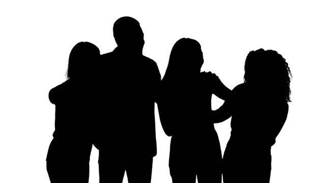 Black silhouette of four people standing together isolated on transparent background, Vector