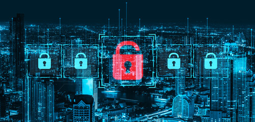 Fototapeta premium Digital security concept illustrating a cybersecurity breach, with a red unlocked padlock indicating data exposure among secure systems, emphasizing system vulnerability and risk Vouch