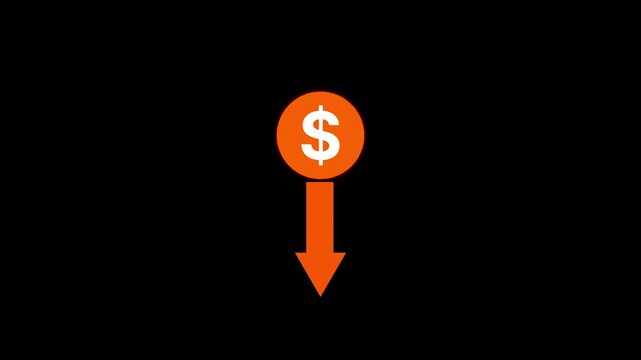 Cash with down arrow stocks graph, concept of financial crisis, market fall. animated of Money loss,cost symbol dollar increase.