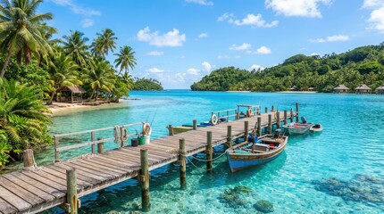 Fototapeta premium Colorful boats docked at tropical wooden pier by turquoise water