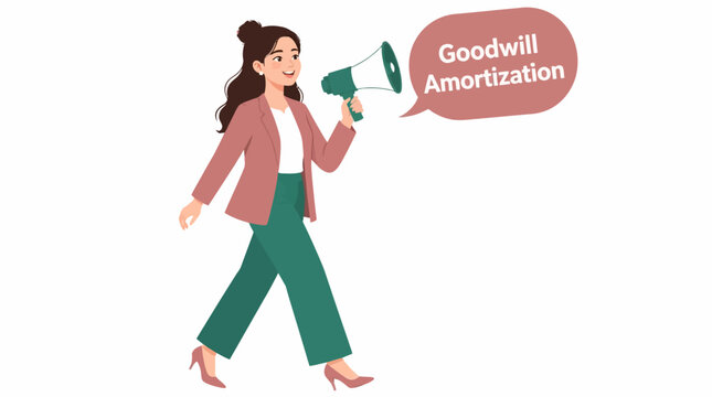 Woman holding megaphone with goodwill amortization text.