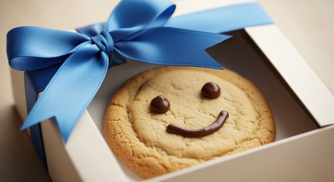 Happy smiley face cookie in white gift box with blue ribbon bow