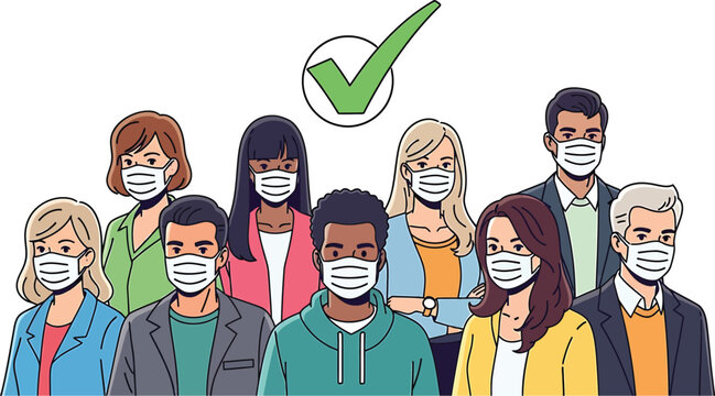 Diverse group of people wearing face masks and standing together with a green checkmark above them indicating health and safety protocols
