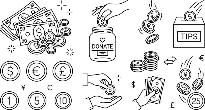 Minimalist financial line icon set featuring cash banknotes coins donation jar tips box hands currency symbols and payment