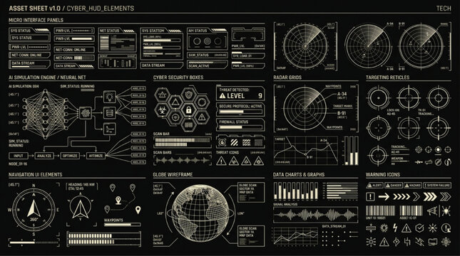 Futuristic Sci-Fi HUD User Interface Kit Featuring Digital Dashboard Elements and High-Tech Data Visualization for Cyberpunk Design