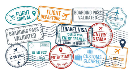 Travel passport stamps collection with boarding pass validation and immigration entry stamps for international trips