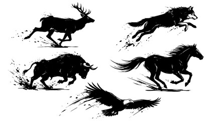 Collection of wild animals silhouettes in motion featuring a running deer wolf bull horse and a soaring bald eagle in a detailed ink splatter art style © Rishi