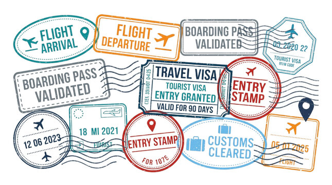 Travel passport stamps collection with boarding pass validation and immigration entry stamps for international trips