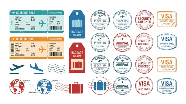Collection of Travel and Tourism Icons Featuring Boarding Passes Luggage Tags Stamps and Transit Symbols