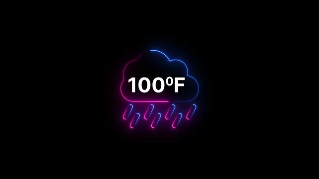 Glowing neon cloud icon with 100 degrees Fahrenheit temperature on dark background. Weather Cloud icon animation degree of Fahrenheit.