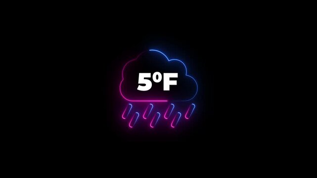 Glowing neon cloud icon with 5 degrees Fahrenheit temperature on dark background. Weather Cloud icon animation degree of Fahrenheit.