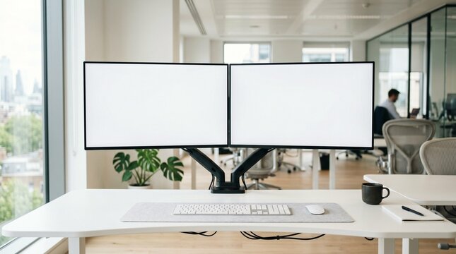Dual Monitor Setup on Minimalist White Desk in Bright Modern Office