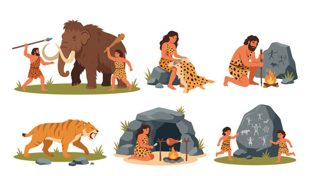 Stone age vector set. Cartoon cavemen hunting mammoth, roasting meat, painting on rocks, saber-toothed tiger, isolated transparent background elements.