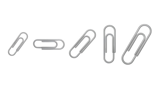 Metallic silver paperclips at different angles on a white background for business organization and document management