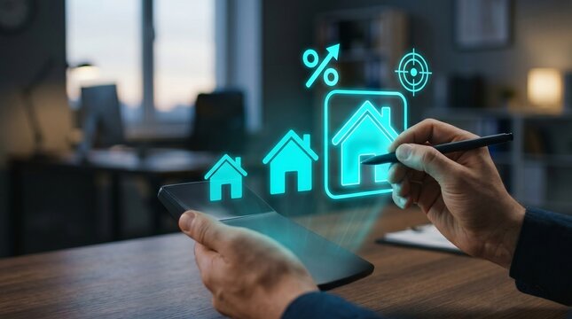 A person uses a calculator and stylus to interact with a glowing holographic projection of houses, a percentage sign, and a target icon. The workspace features a laptop and notebook illuminated by bri