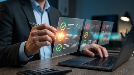 Fototapeta premium Futuristic holographic cybersecurity shield protecting digital data - encryption, blockchain, network security and privacy protection technology concept