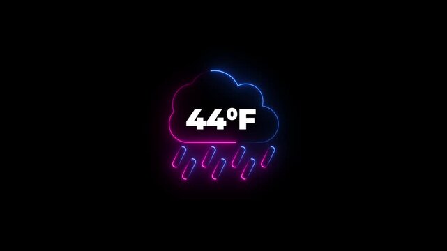 Glowing neon cloud icon with 44 degrees Fahrenheit temperature on dark background. Weather Cloud icon animation degree of Fahrenheit.