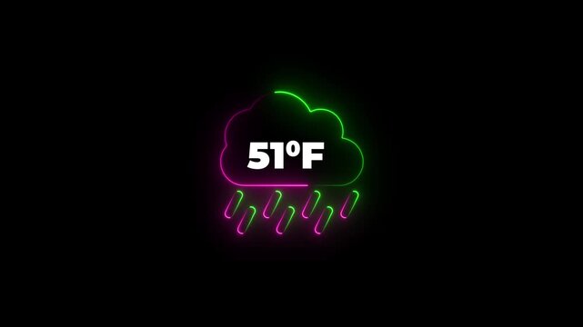 Glowing neon cloud icon with 51 degrees Fahrenheit temperature on dark background. Weather Cloud icon animation degree of Fahrenheit.