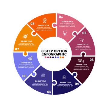 Vector circle puzzle infographic with 8 option steps for presentations and visual reports. Editable vector illustration.