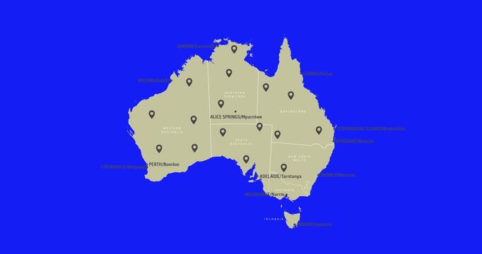 Animation blue screen maps australia with pin maps