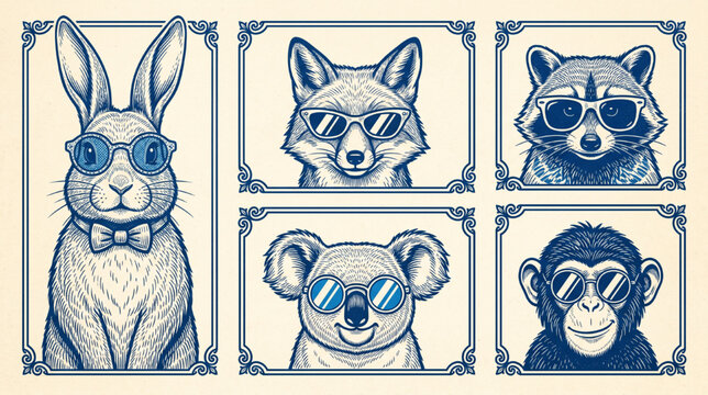 A Playful Collection of Cool Animal Characters Sporting Fashionable Sunglasses in a Timeless Engraving Style, Perfect for Retro-Inspired Designs and Funky Concepts