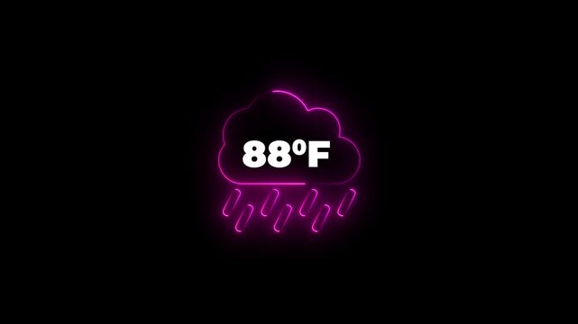Glowing neon cloud icon with 88 degrees Fahrenheit temperature on dark background. Weather Cloud icon animation degree of Fahrenheit.
