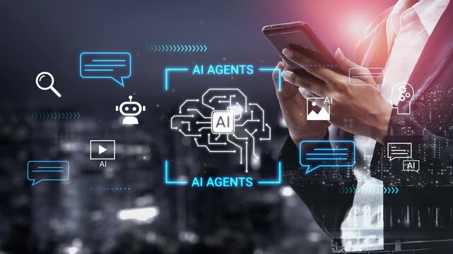 Business professional using smartphone in urban setting with AI agents and technology graphics representing future innovation and communication evolution Gluon.