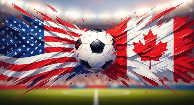Soccer ball between waving american and canadian flags