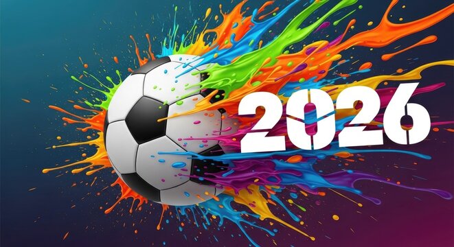 Colorful soccer ball explosion with 2026 text