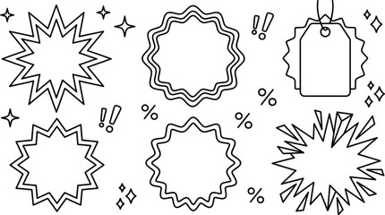 Promo sales line art sticker set featuring starburst explosion burst bubbles percent signs exclamation marks and price tag © S O H A G