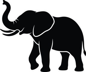 Obraz premium Majestic african elephant silhouette with trunk raised walking on white background isolated vector illustration.