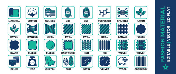 Fashion Material Icons: Fabrics, Fibers, and Textile Types Flat Design © rokok