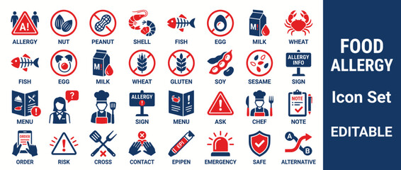 Food Allergy Icon Set: Common Allergens, Safety, and Dining Icons © rokok