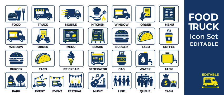 Food Truck Icon Set: Mobile Kitchen, Ordering, Menu, Burger, Taco, Coffee, Events