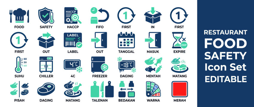 Food Safety Restaurant Icons Set: HACCP, FIFO, Temperature, Storage, Expiry